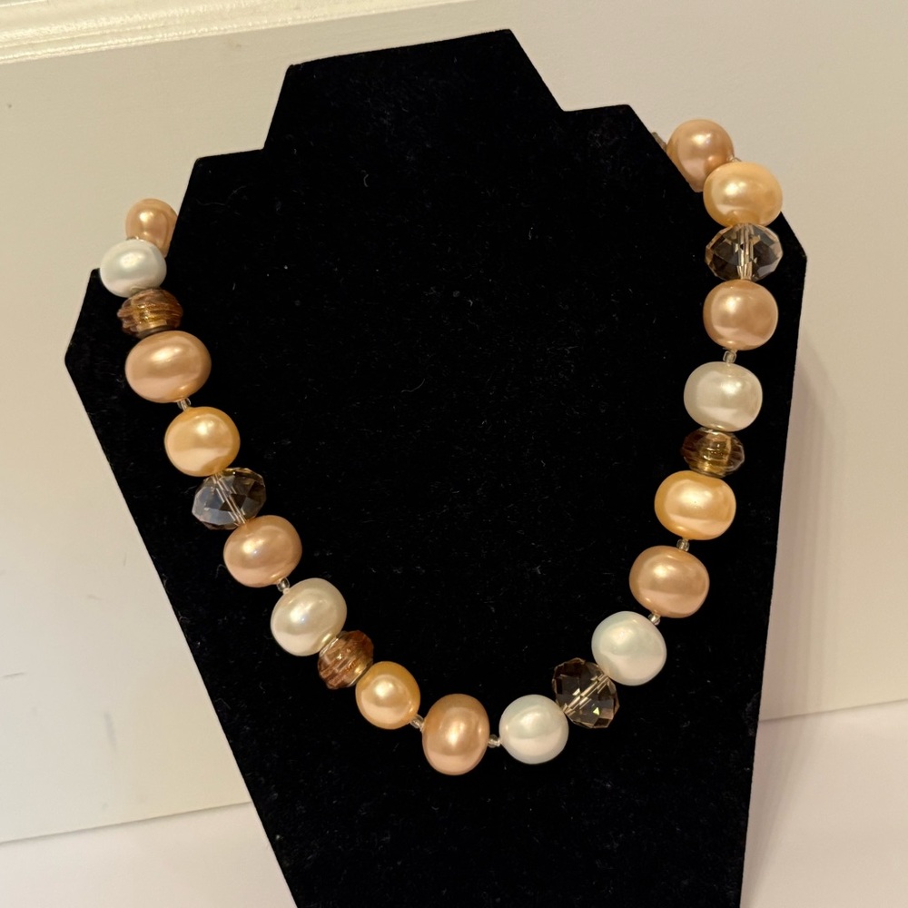 VINTAGE NECKLACE TRICOLOR FAUX GLASS PEARLS BEADS FAUX SMOKY QUARTZ CRYSTAL